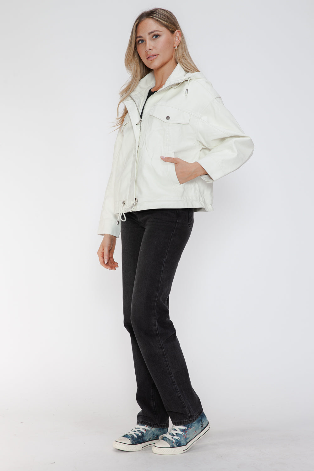 How Dare U My Favorite Layer Drawstring Hem PU Leather Zip Up Jacket in White
