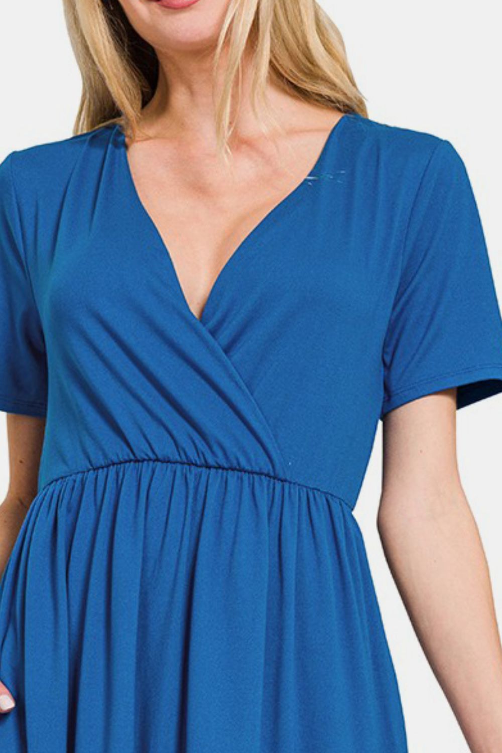 Zenana On The Right Track Surplice Short Sleeve Brushed DTY Dress in Classic Blue