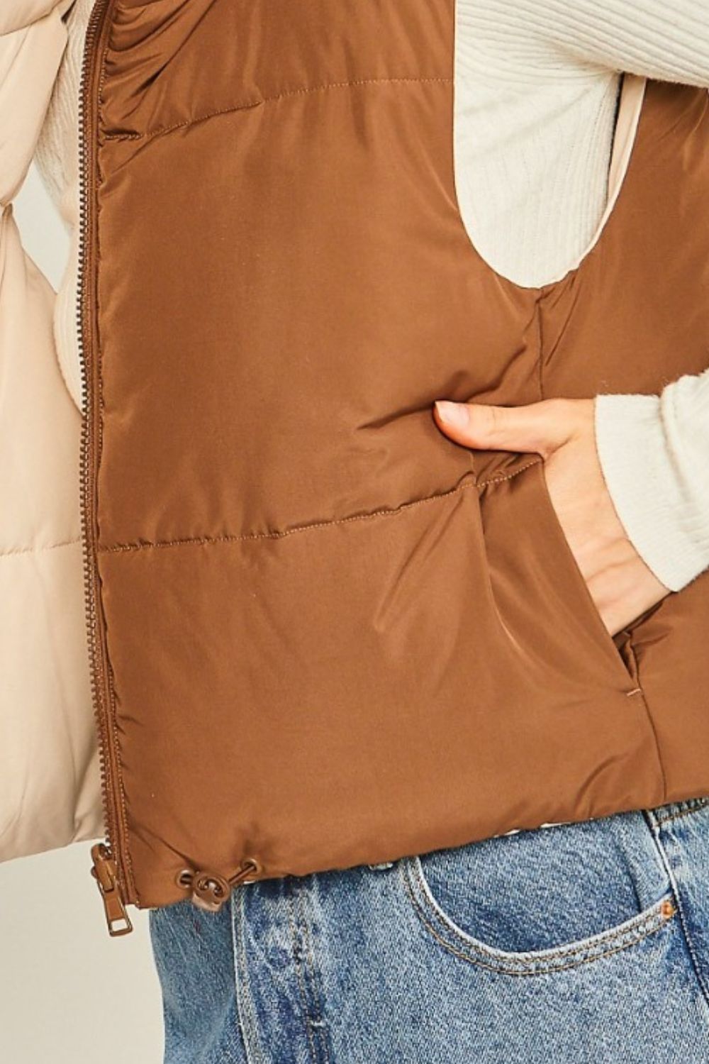 Love Tree Two Faced Zip Up Cropped Contrast Reversible Vest in Cocoa