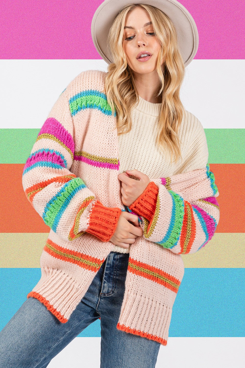 SAGE + FIG Color Me Happy Rainbow Striped Open Front Knit Cardigan