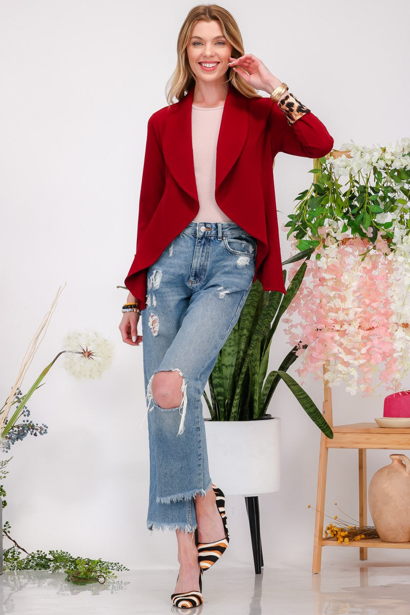 Celeste Conquer Yourself Rolled Leopard Cuff Open Front Blazer in Burgundy
