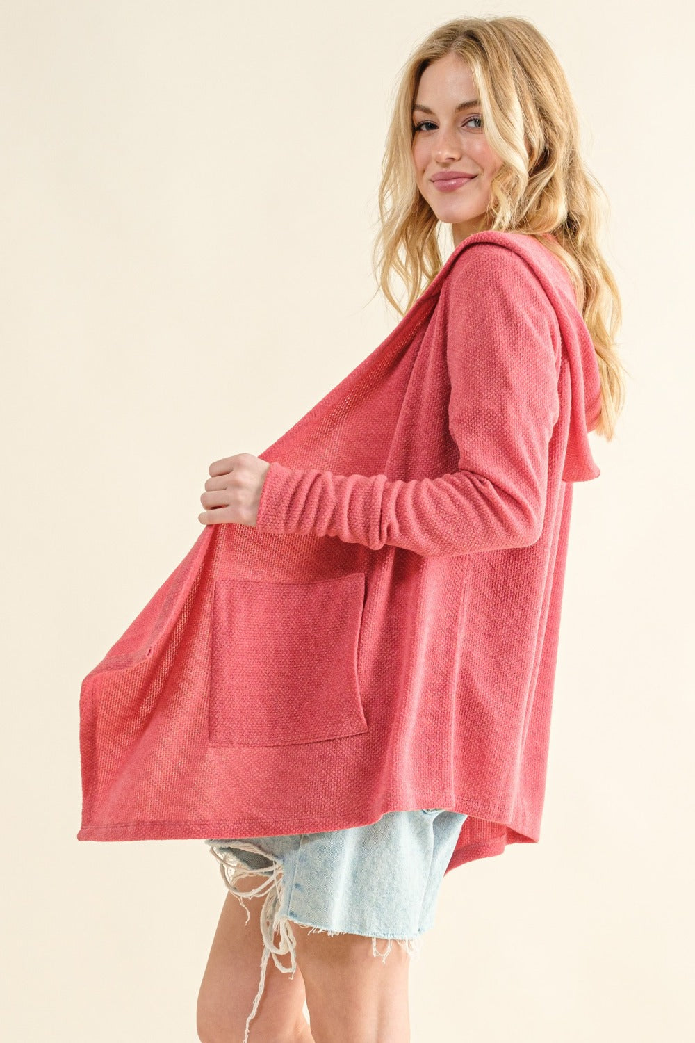 And The Why Take It Next Level Thermal Hooded Open Front Cardigan with Pockets in Rose Pink