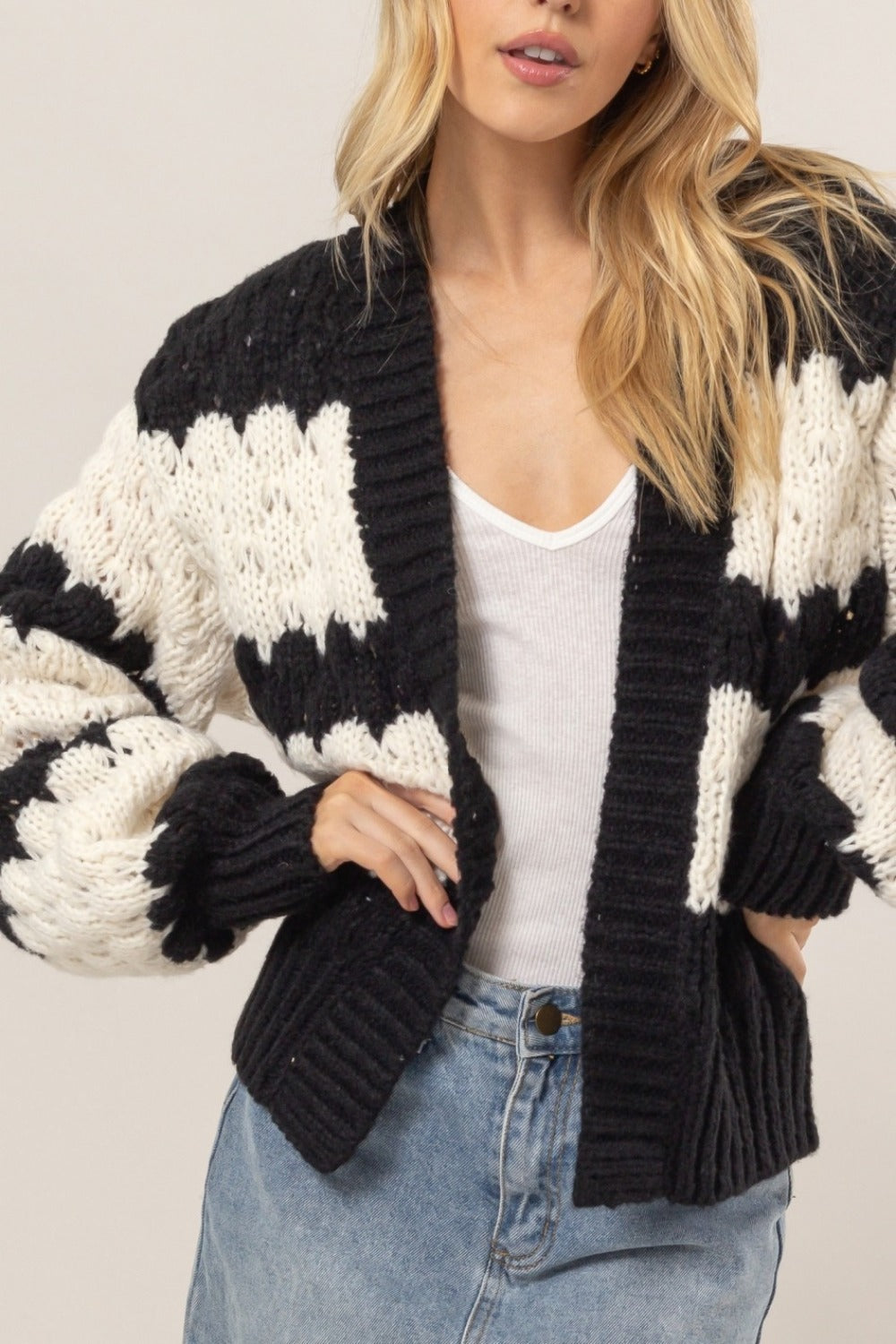 HYFVE Hugs and Kisses Scallop Striped Open Front Long Sleeve Sweater Cardigan