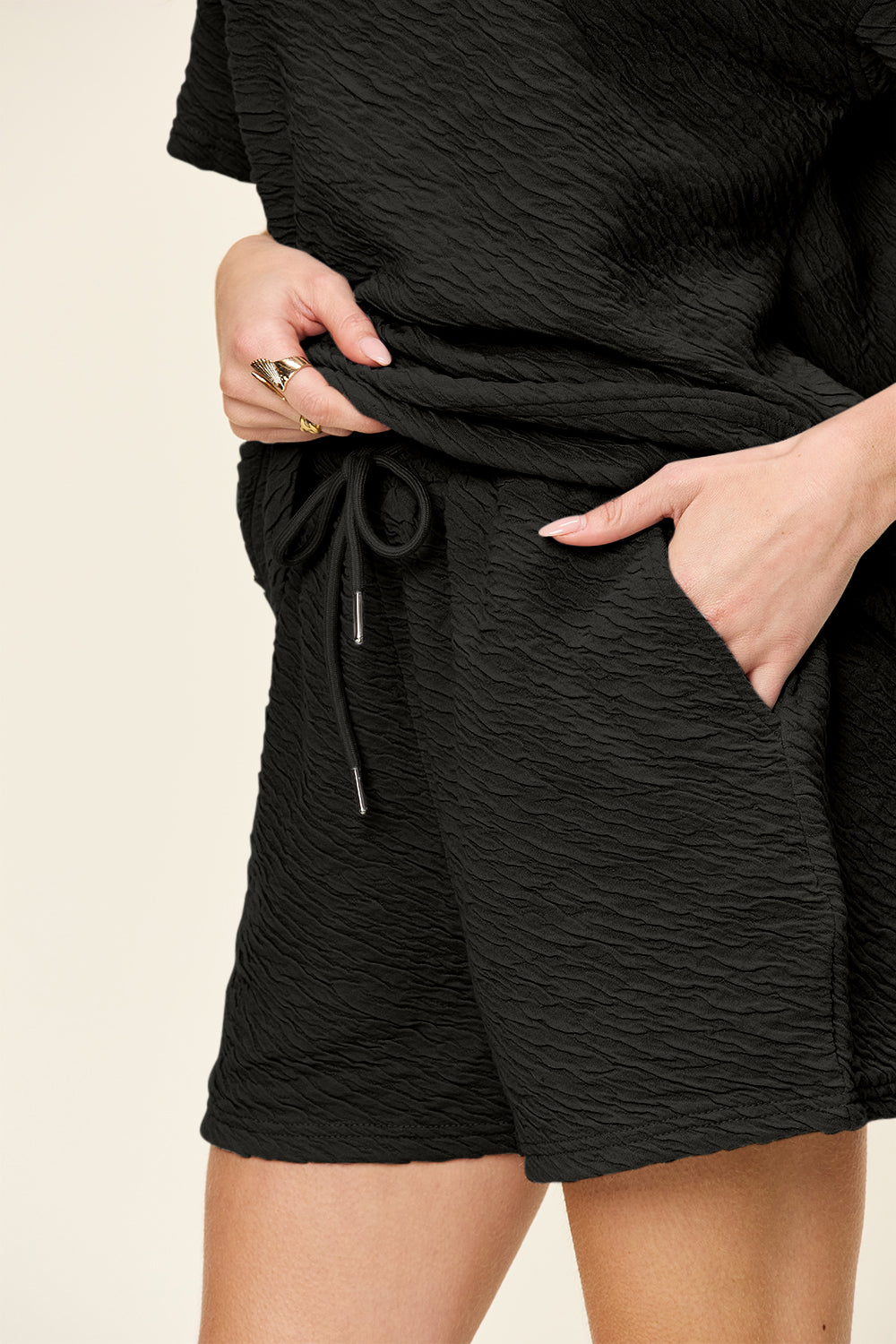 Double Take New Beginnings, Same Me Texture Short Sleeve T-Shirt and Drawstring Shorts Set