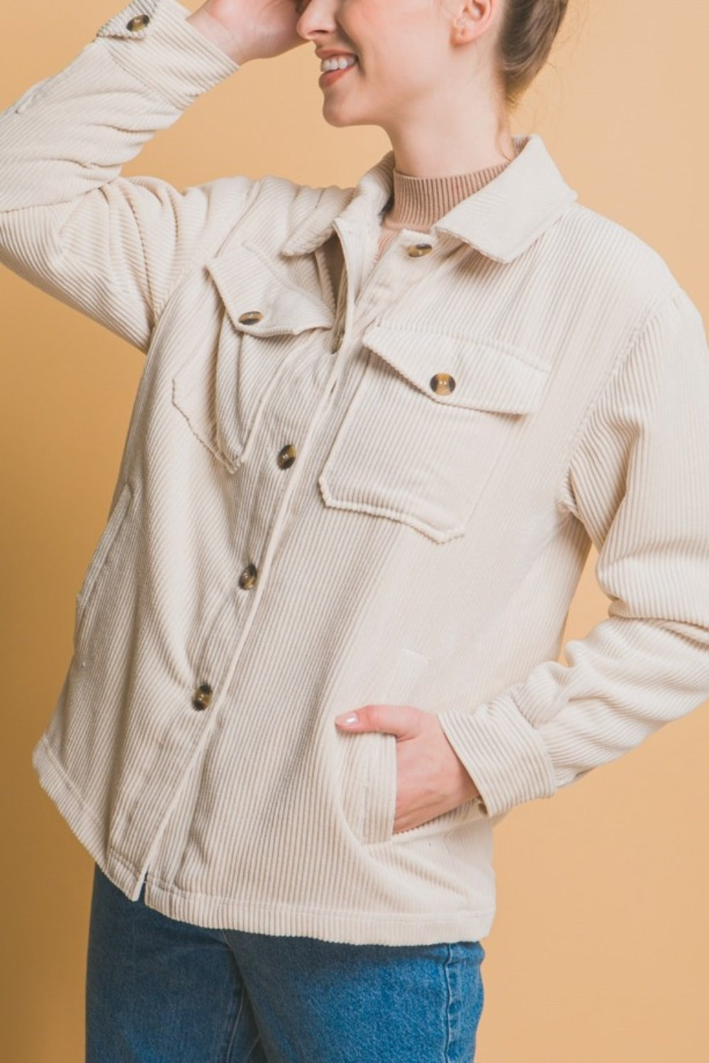 Love Tree Fall In Love Corduroy Button Up Jacket with Sherpa Inside in Cream