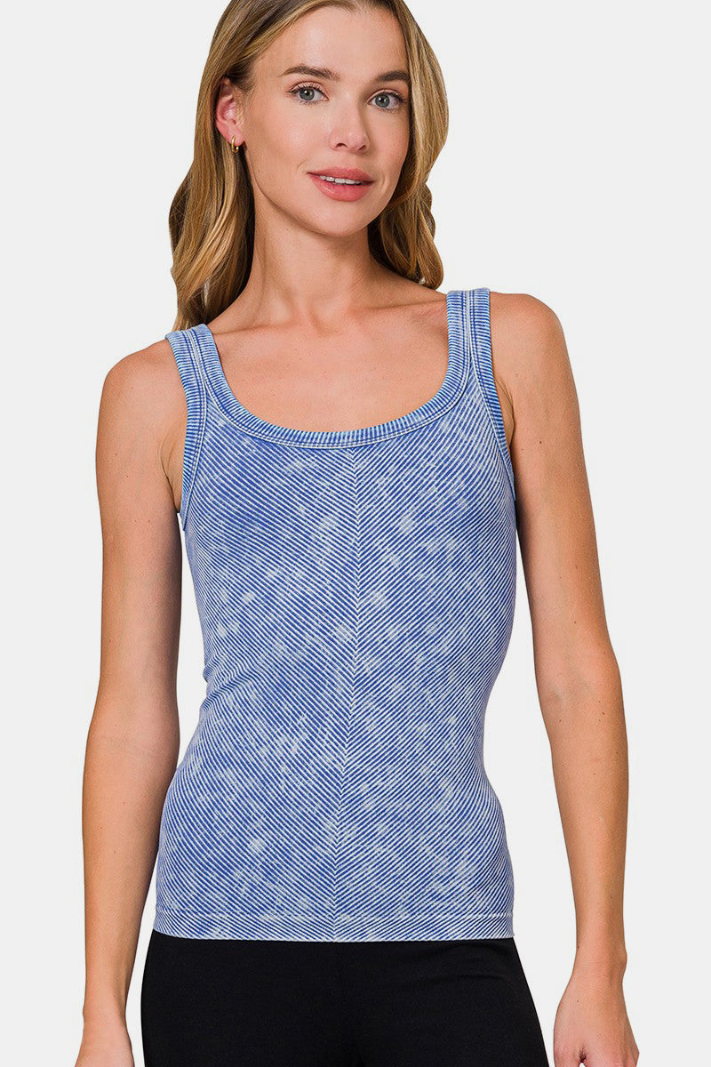 Zenana Chance Of Sun Ribbed Scoop Neck Tank in Light Indigo