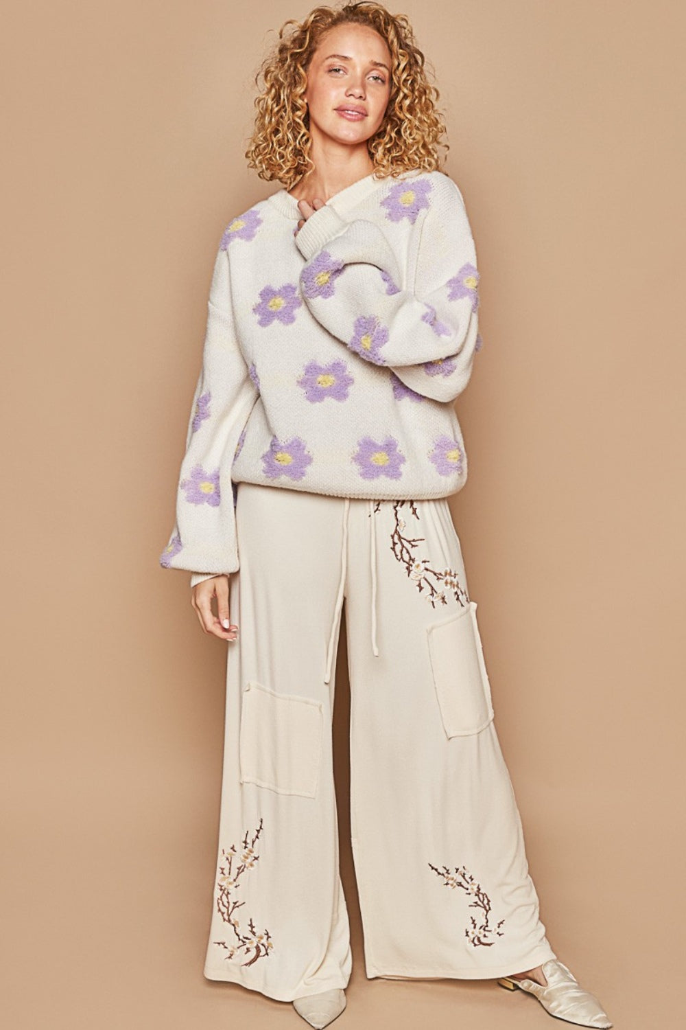 POL Petals of Perfection Daisy Pattern Drop Shoulder Sweater in Cream