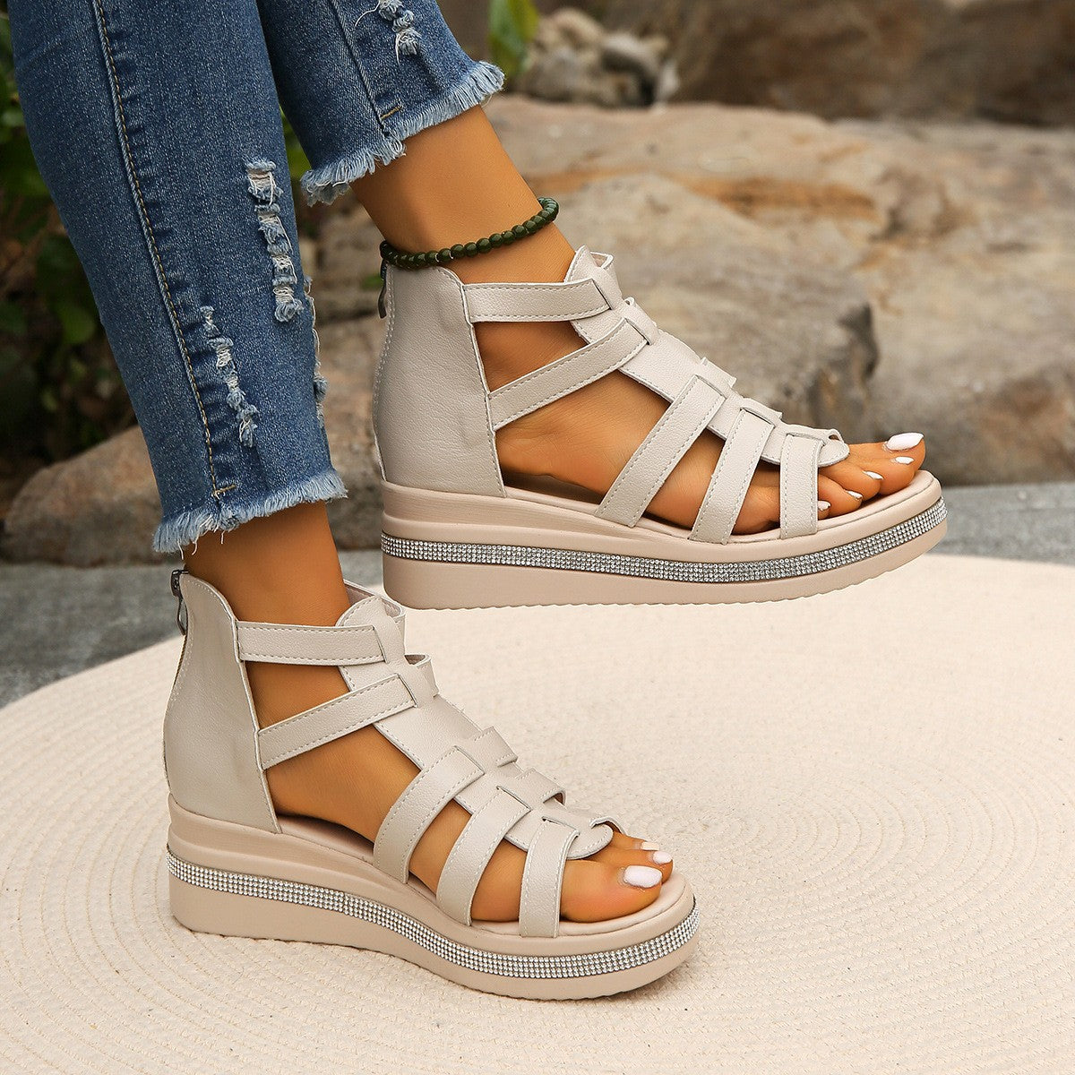 Bright Mind Cutout Rhinestone Trim Wedge Sandals