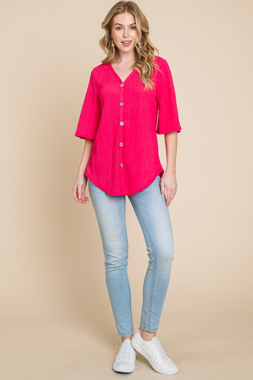 BOMBOM Fuchsia Rose Texture Decorative Button V-Neck Top