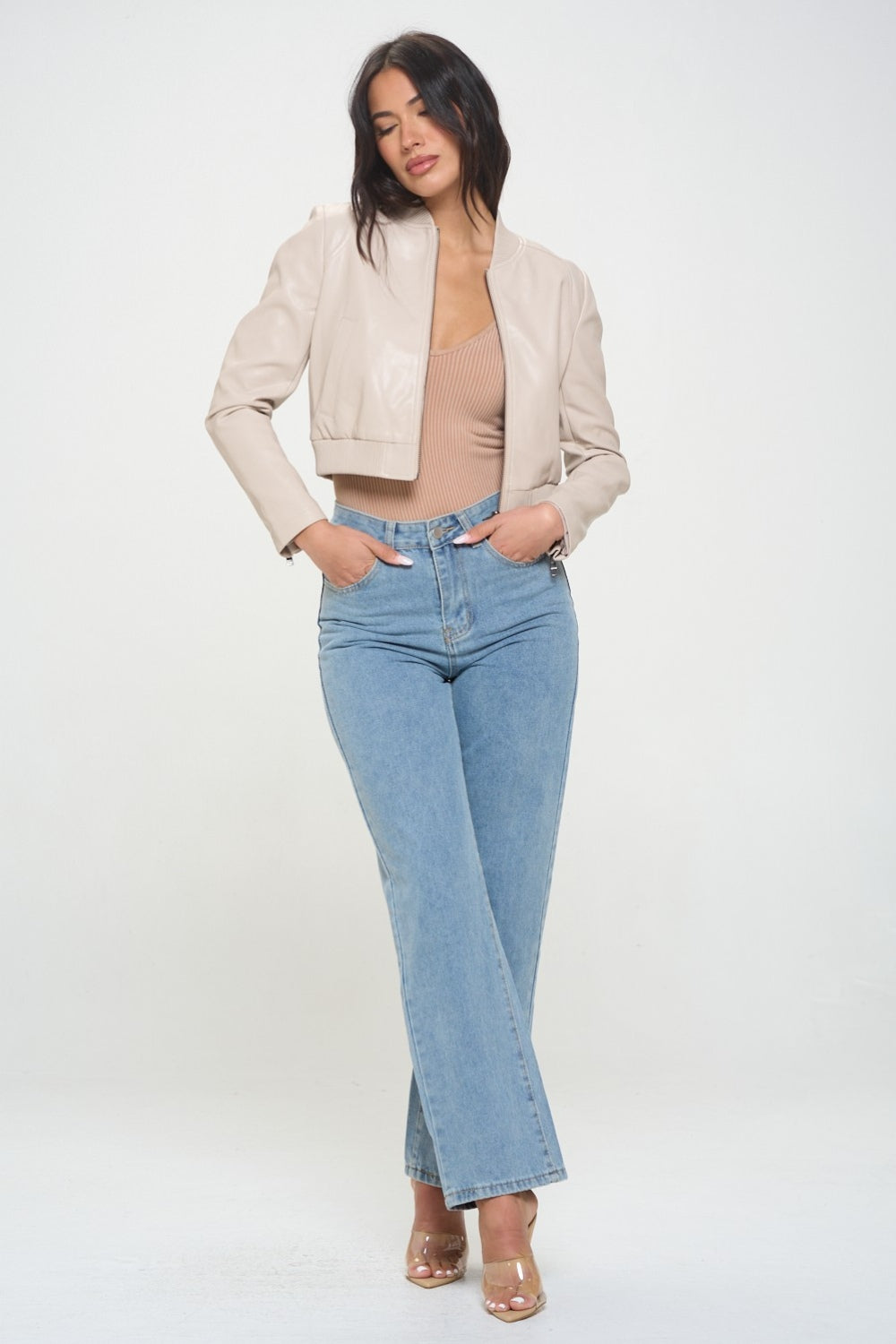 Coalition LA My Go To Bomber Zip Up Cropped Bomber Jacket in Cream