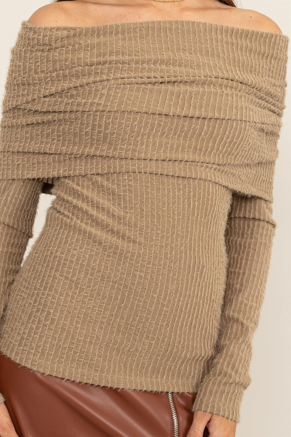 HYFVE Turn The Heat Up Fuzzy Off Shoulder Textured Knit Top