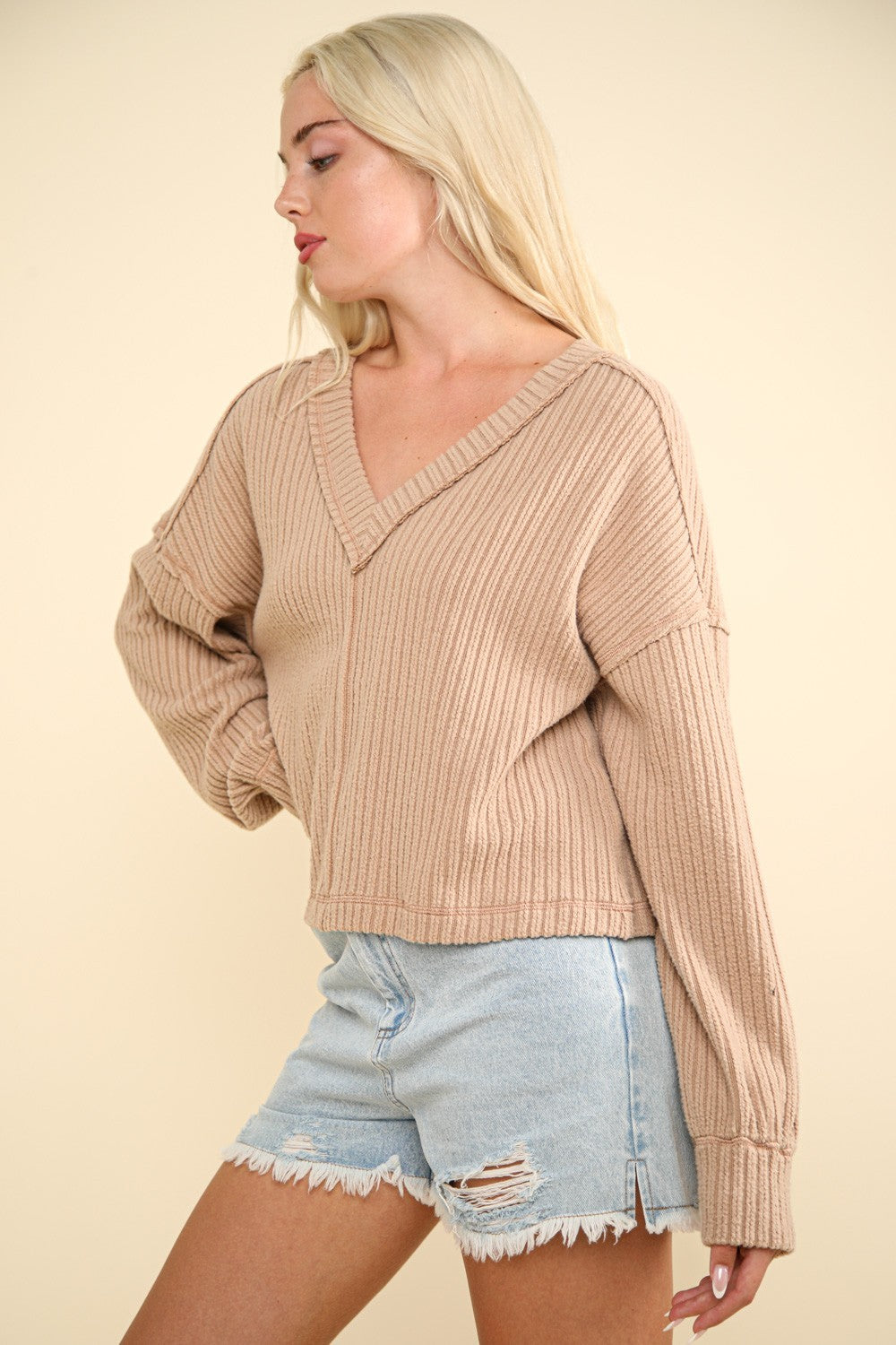 VERY J Knit Happens Exposed Seam V-Neck Ribbed Knit Top in Mocha