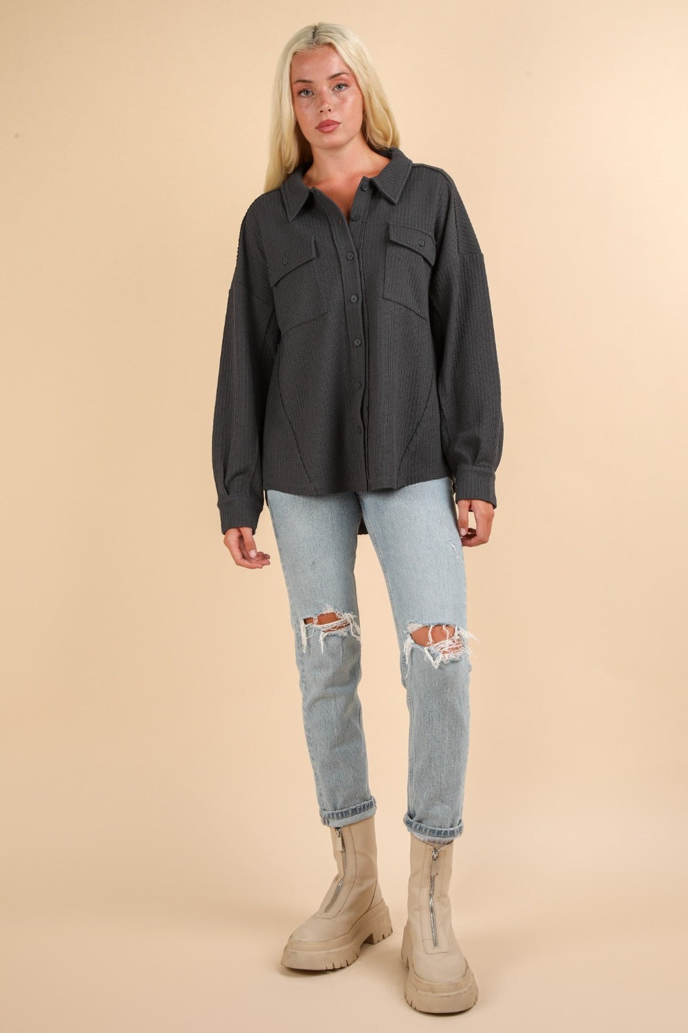 VERY J I'm Covered Button Down Textured Knit Shacket in Charcoal