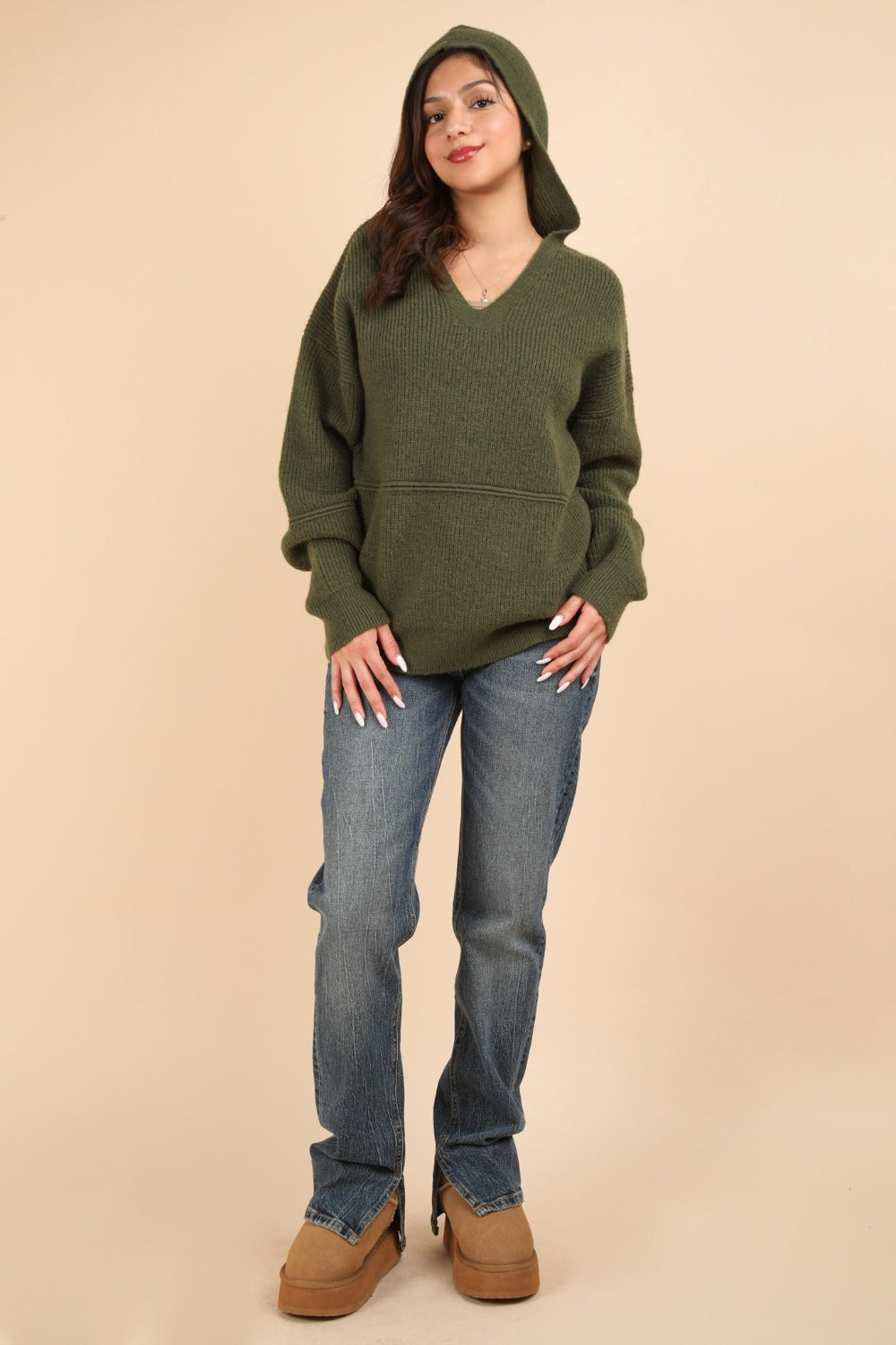 VERY J Keep It Comfy Seam Detail Drop Shoulder Hooded Sweater in Olive