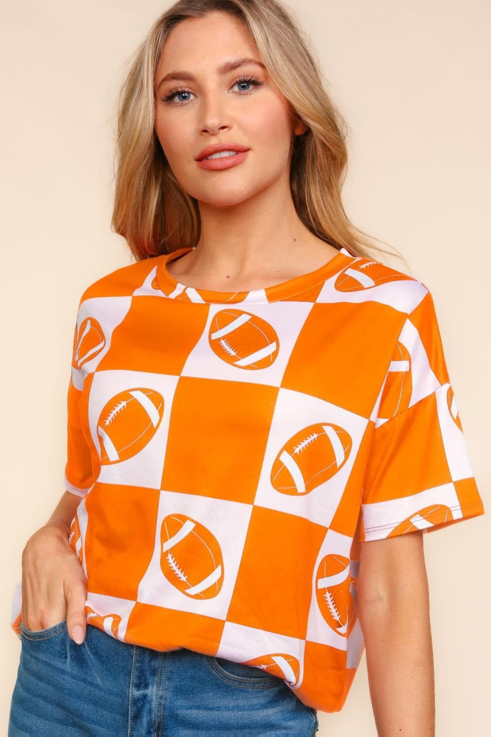 Haptics Ready To Cheer Football Checkered Print Short Sleeve T-Shirt