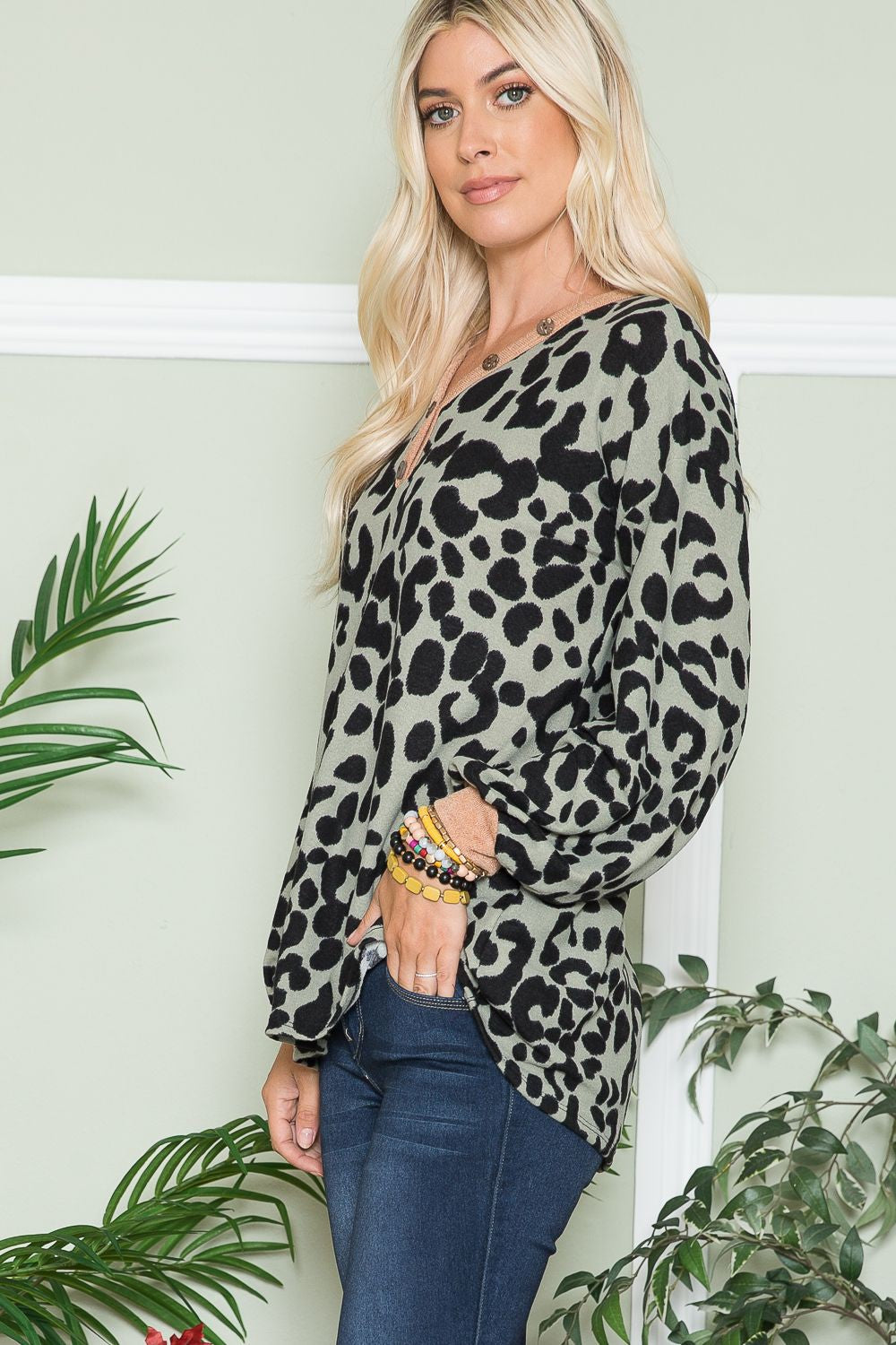 Celeste Embracing Wild V-Neck Long Sleeve Blouse in Olive Leopard