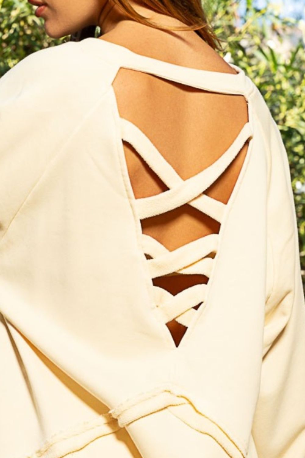 POL Feeling Happy Back Cross Strap Detail Balloon Sleeve Sweatshirt in Cream Milk