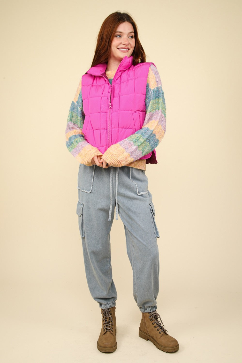 VERY J In Puffer Haven Zip Up Puffer Padded Warm Vest in Fuchsia