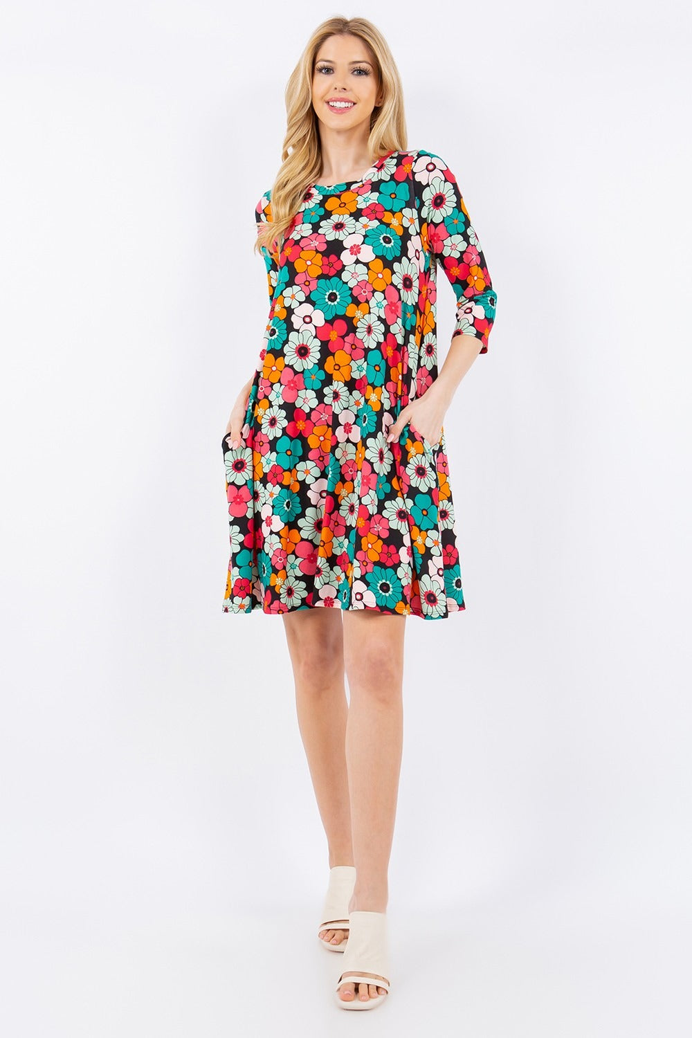 Celeste Summer Glowing Floral Three-Quarter Sleeve Dress with Pockets