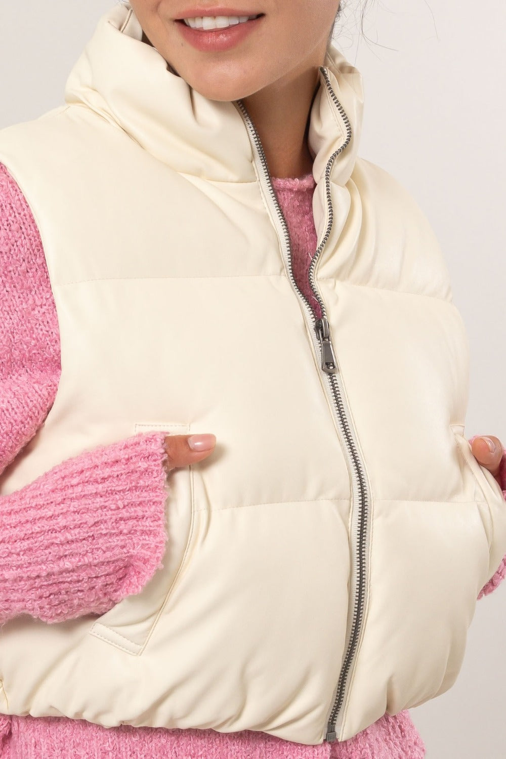 HYFVE Puff It Up Pocketed Solid Vest Coat in Cream