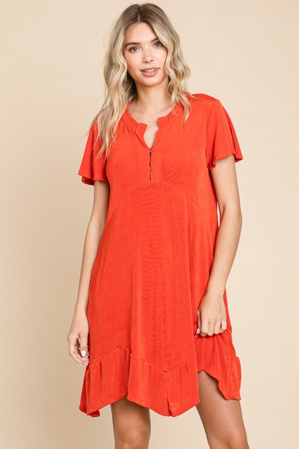 Culture Code Saving You Time Short Sleeve Ruffled Asymmetric Hem Dress in Scarlet