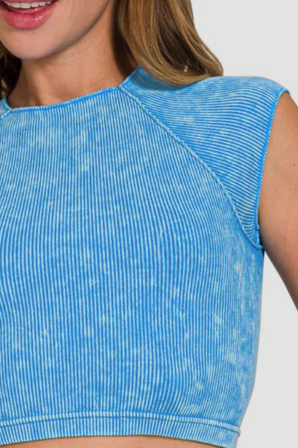 Zenana Back At It Again Ribbed Round Neck Cropped Top in Sky Blue