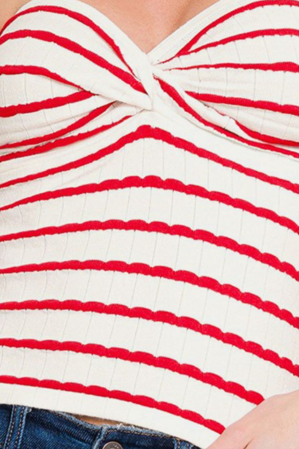 Zenana Catching Hearts Twisted Sweetheart Neck Striped Tube Top in Red