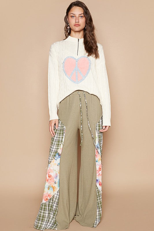 POL Peace and Love Cable-Knit Peace Patch Dropped Shoulder Sweater in Ivory