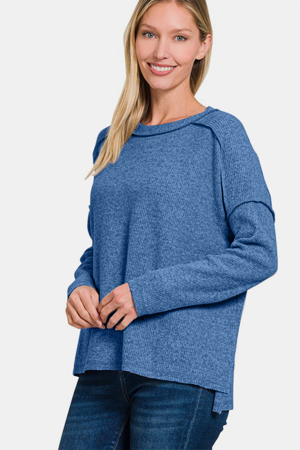 Zenana Cozy Season Exposed Seam Brushed Sweater in Navy