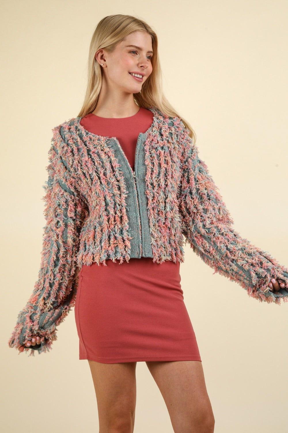 VERY J Feeling Fuzzy and Fabulous Shaggy Yarn Knit Zip Up Jacket in Green Multi