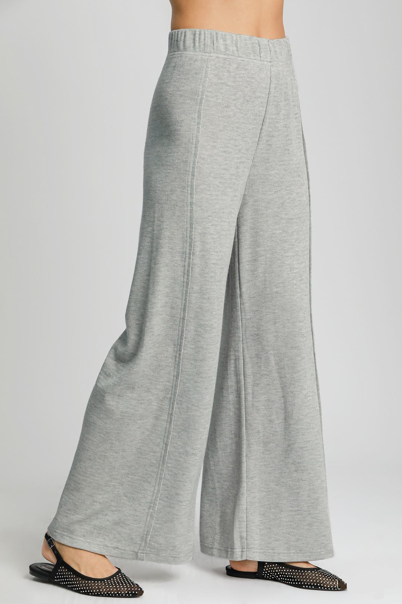 Umgee Wide Leg Vibes Elastic Waist Wide Leg Knit Pants in Gray