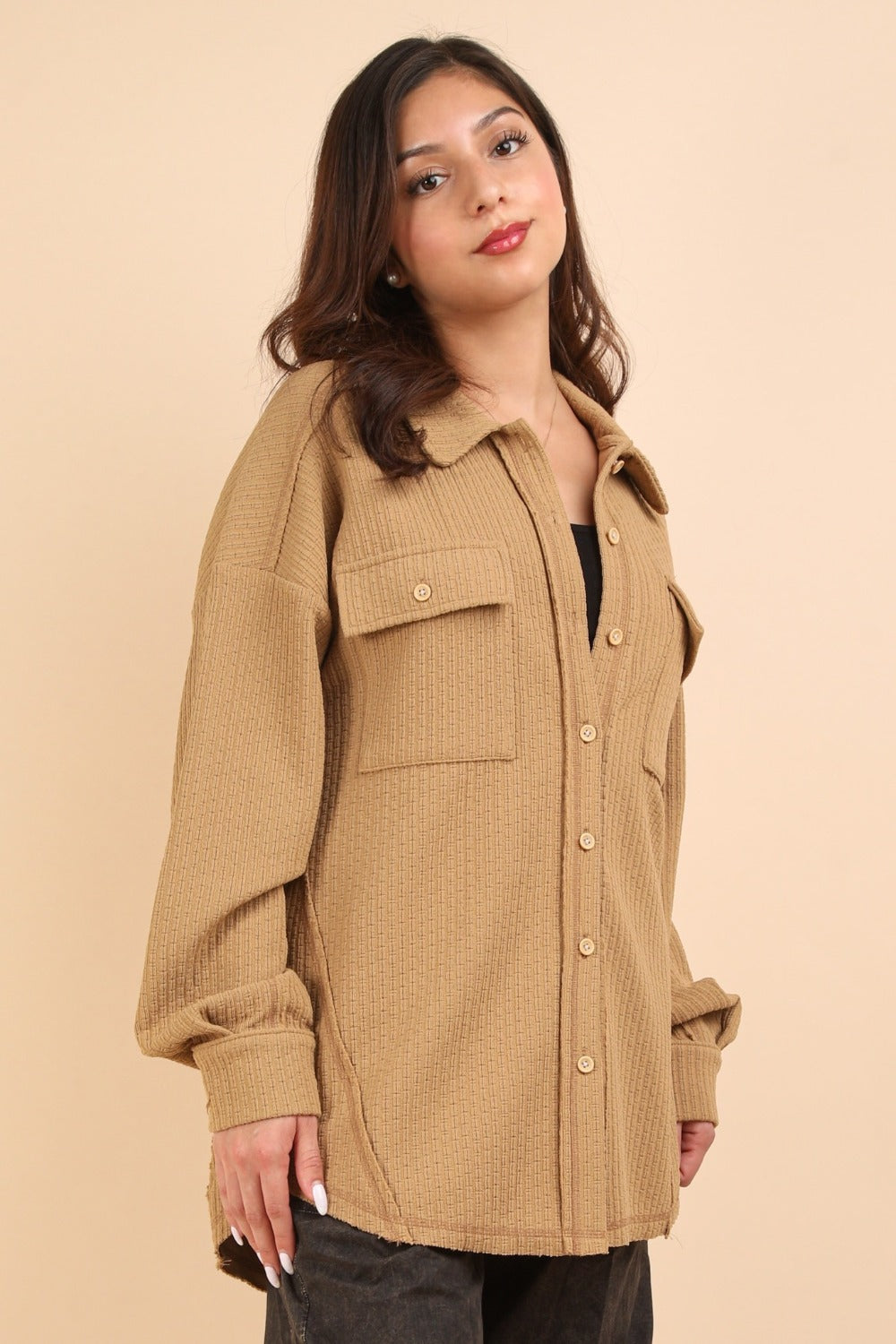 VERY J I'm Covered Button Down Textured Knit Shacket in Mocha