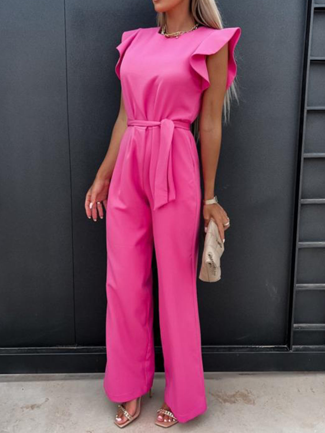Captivating Muse Ruffled Round Neck Cap Sleeve Jumpsuit with Pockets