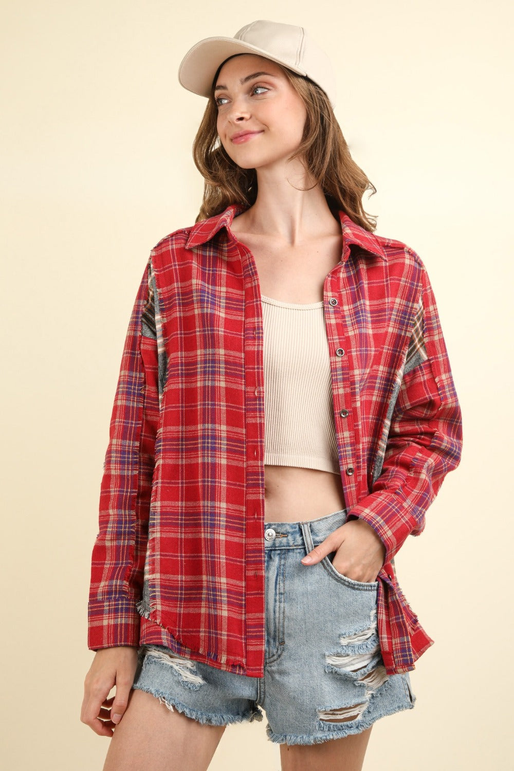 VERY J Falling For Plaid Contrast Plaid Raw Detail Shirt in Red