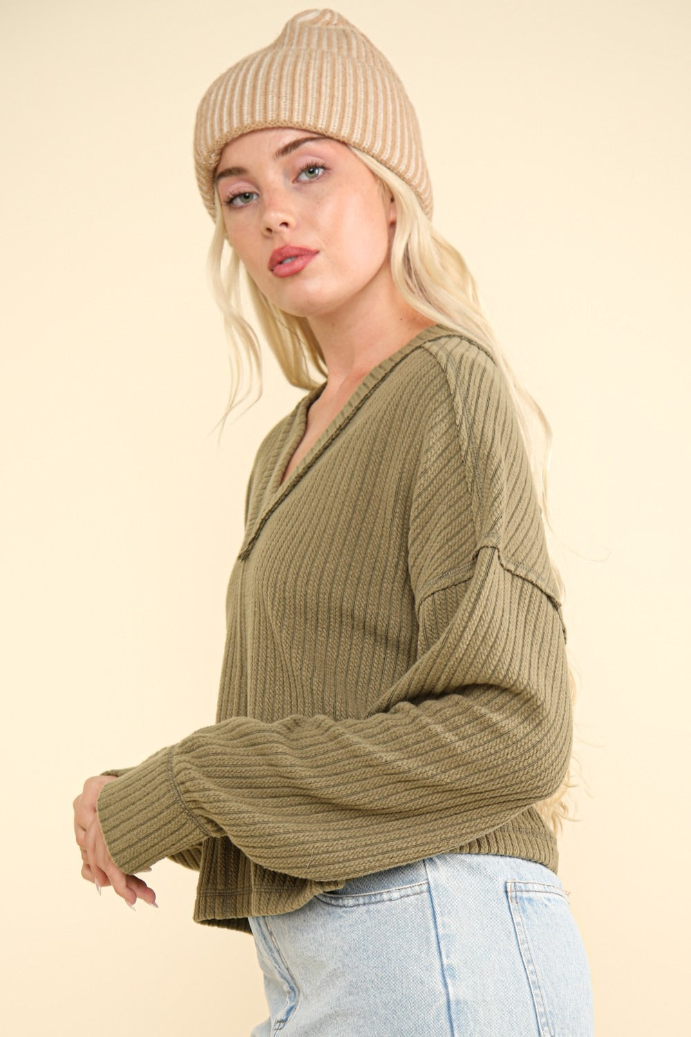 VERY J Knit Happens Exposed Seam V-Neck Ribbed Knit Top in Olive
