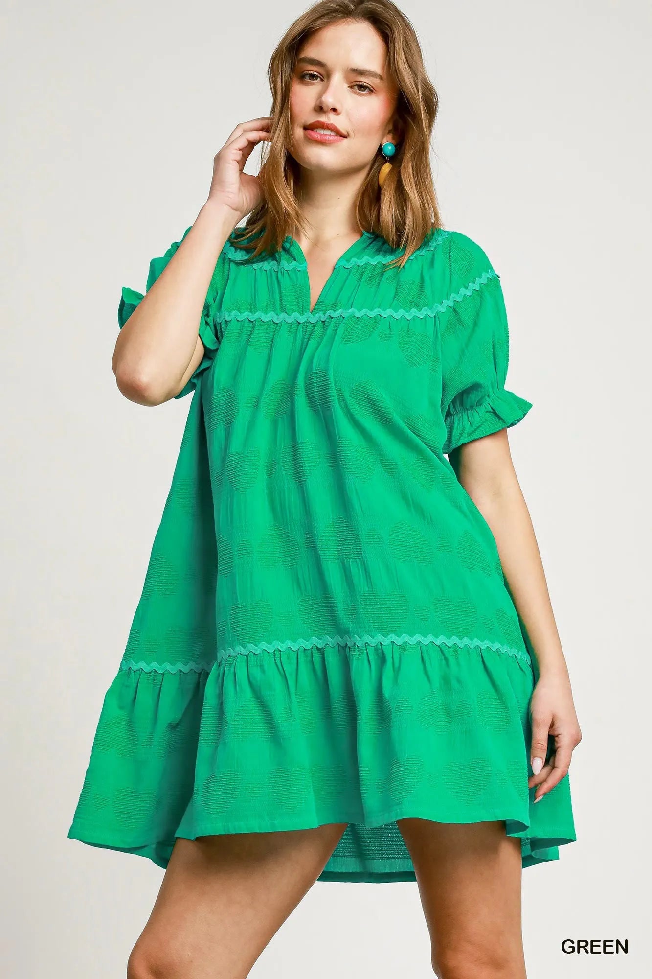 Umgee Heartbeat Heart Pattern Short Sleeve Ruffle Babydoll Dress in Gr  My  Best Friend's Closet Dacula