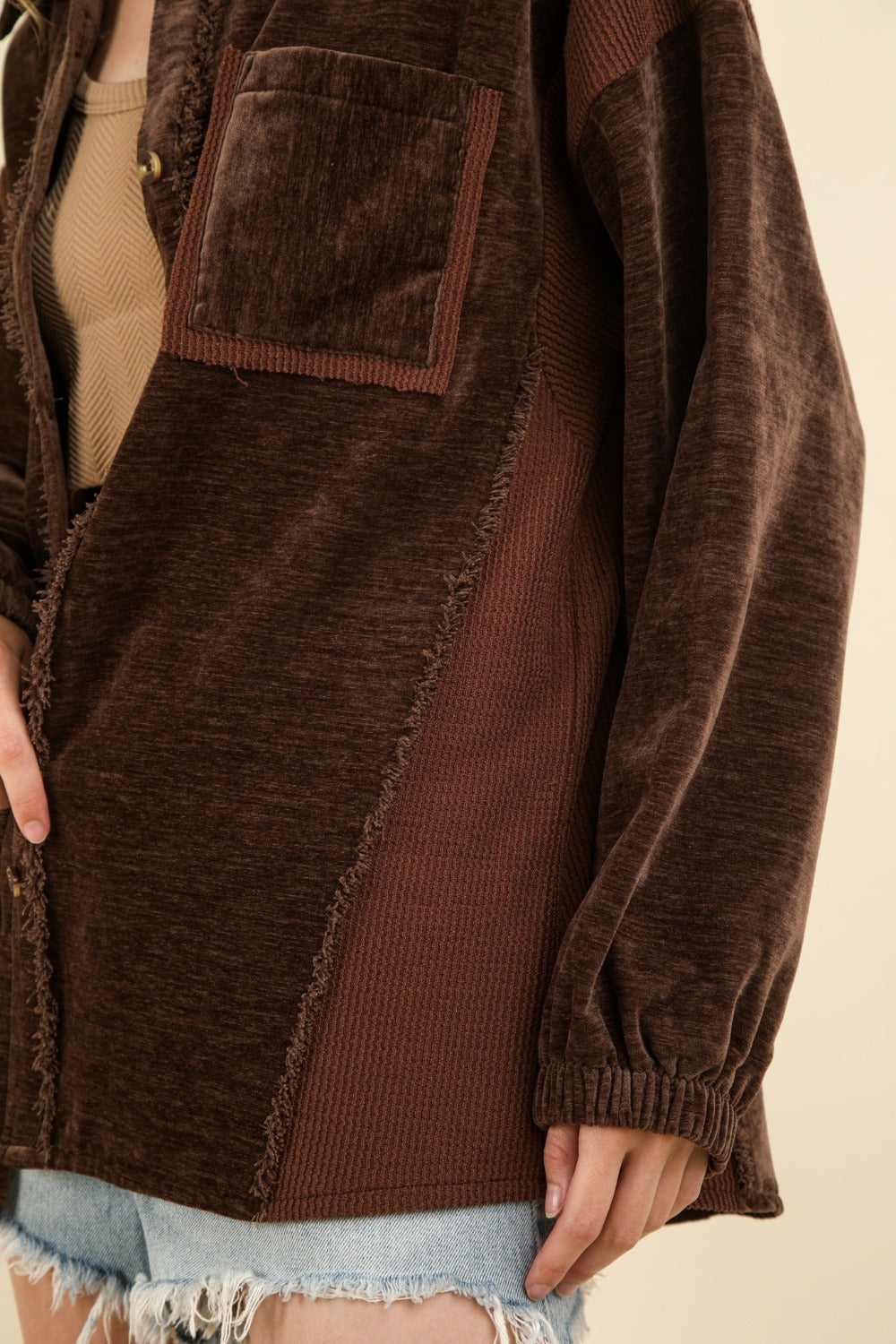 VERY J Raw Hem, Real Style Mixed Media Button Down Raw Hem Shacket in Chocolate