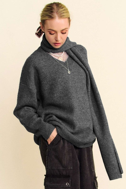 Davi & Dani Better Together V-Neck Dropped Shoulder Sweater with Scarf Set in Dark Gray