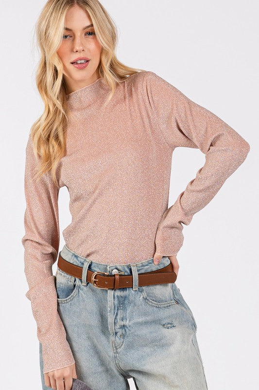 SAGE + FIG Add More Sparkle Glitter Mock Neck Lettuce Hem Long Sleeve Top in Apricot