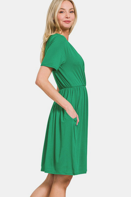 Zenana On The Right Track Surplice Short Sleeve Brushed DTY Dress in Green