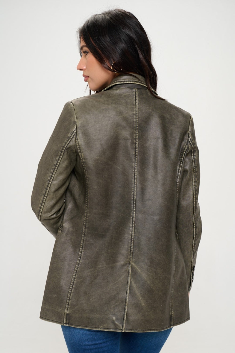 Coalition LA A Touch of Edge Single-Breasted Vegan Leather Blazer in Olive Brown