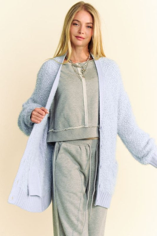 Davi & Dani Ribbed and Ready Ribbed Hem Button Up Long Sleeve Cardigan