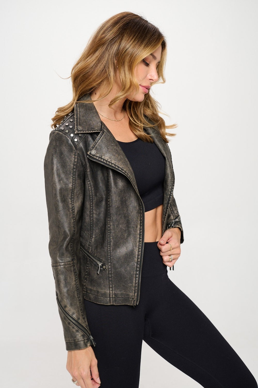 Coalition LA Classy With An Attitude Studded Classic Moto Faux Leather Jacket in Brown