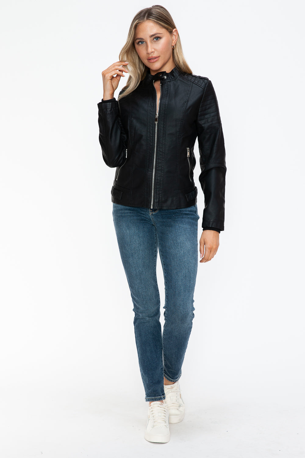 Snobbish Born To Ride PU Leather Biker Jacket with Side Zip Pockets in Black