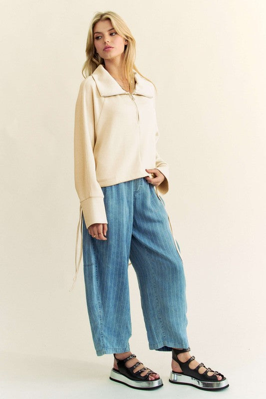 Davi & Dani Good Vibes Only Drawstring Hem Half Zip Raglan Sleeve Sweatshirt in Ivory