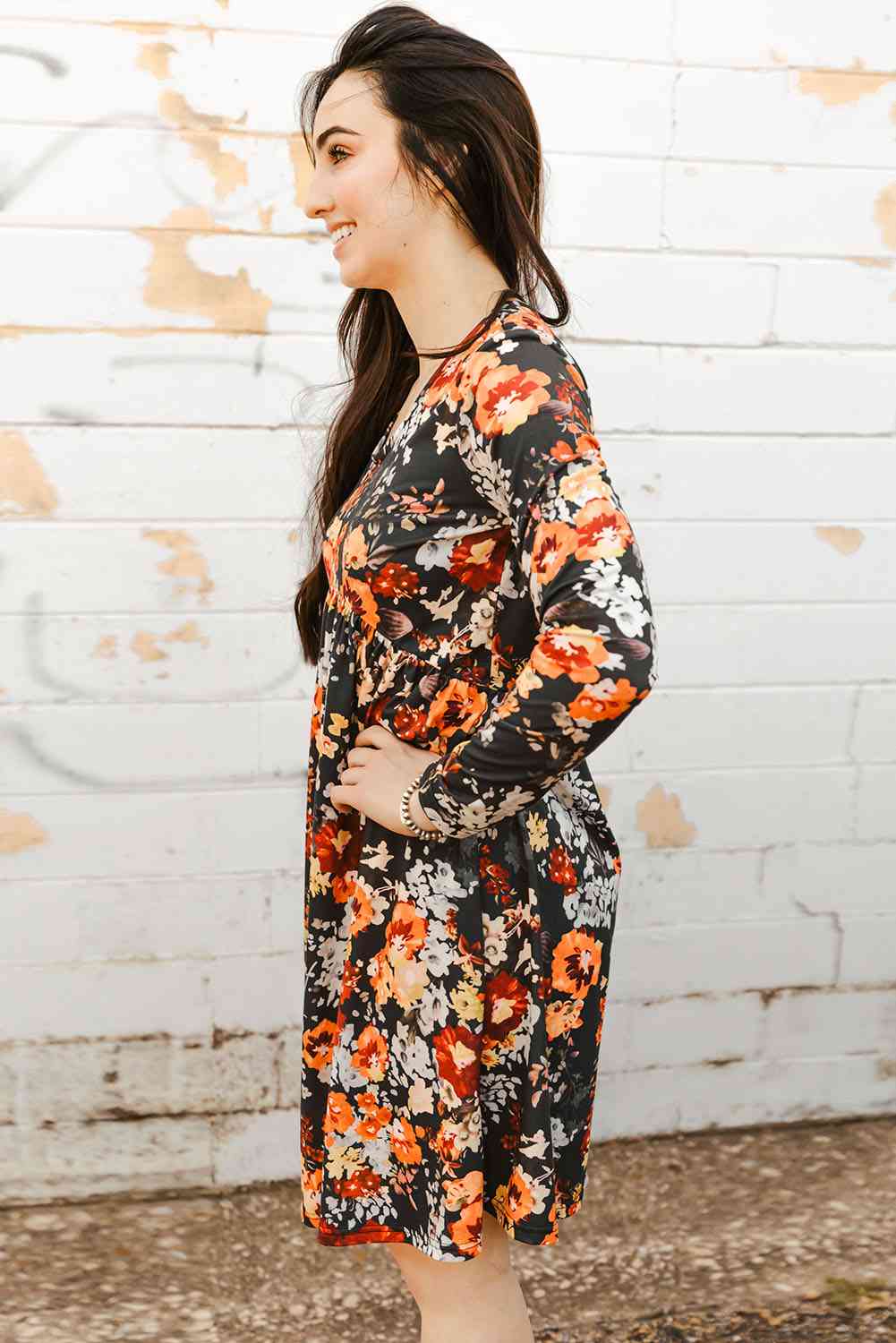 Sunshine Sweetheart Floral Print Long Sleeve Dress in Dark Grey