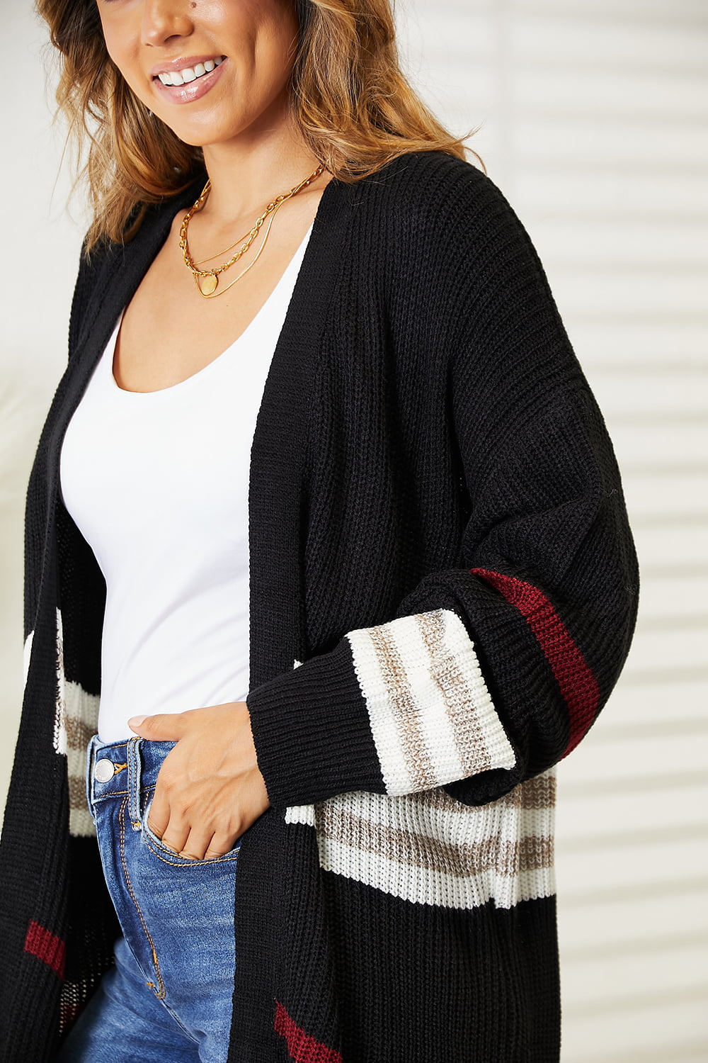 Double Take Breezy Days Striped Rib-Knit Open Front Cardigan