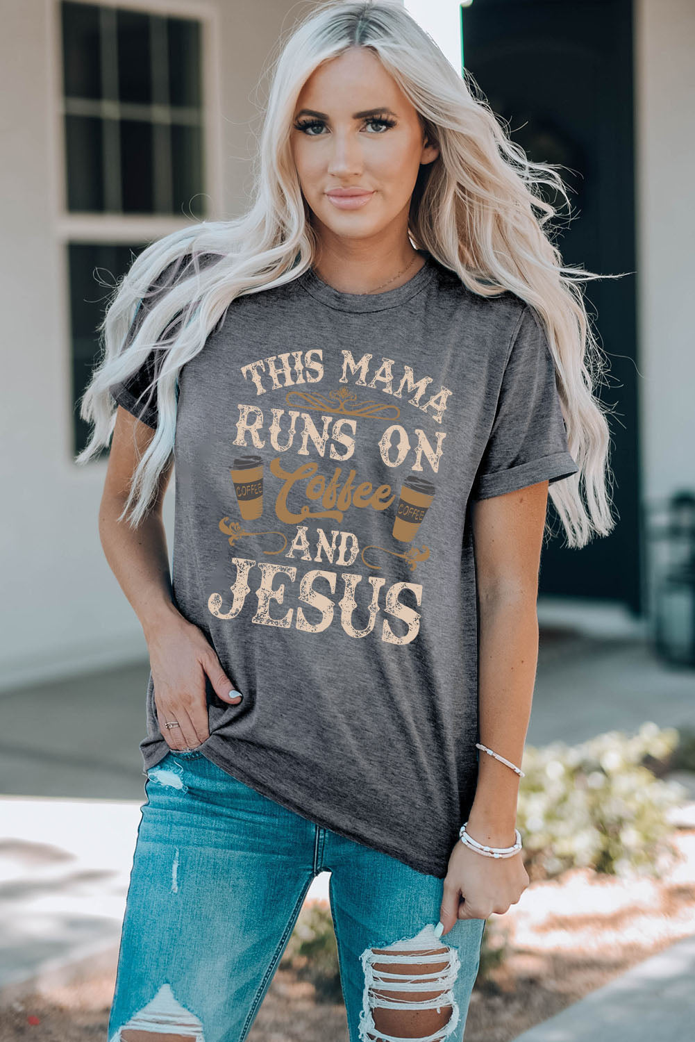 This Mama Runs on Coffee and Jesus Round Neck Graphic Tee
