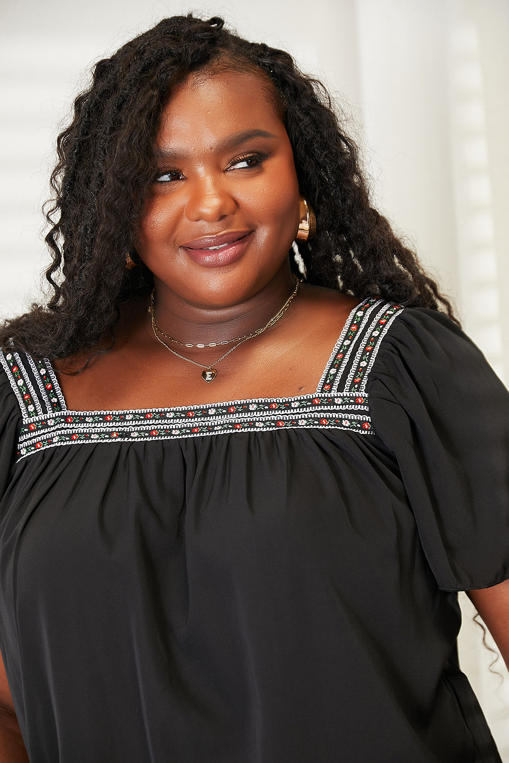 Double Take Love Is Forever Contrast Square Neck Puff Sleeve Blouse