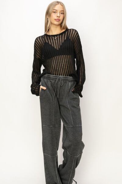 HYFVE Hey You, It's Me Openwork Ribbed Trim Long Sleeve Knit Top in Black